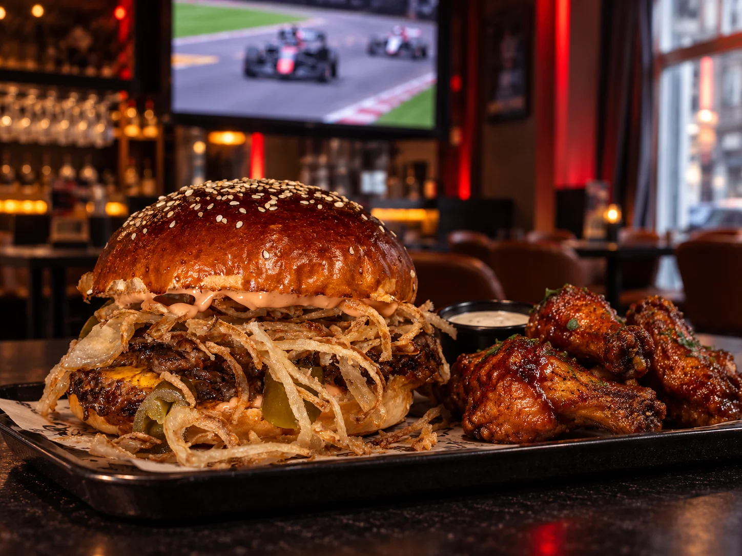Smashburger und Wings, im Hintergrund l&auml;uft das Formel-1-Rennen