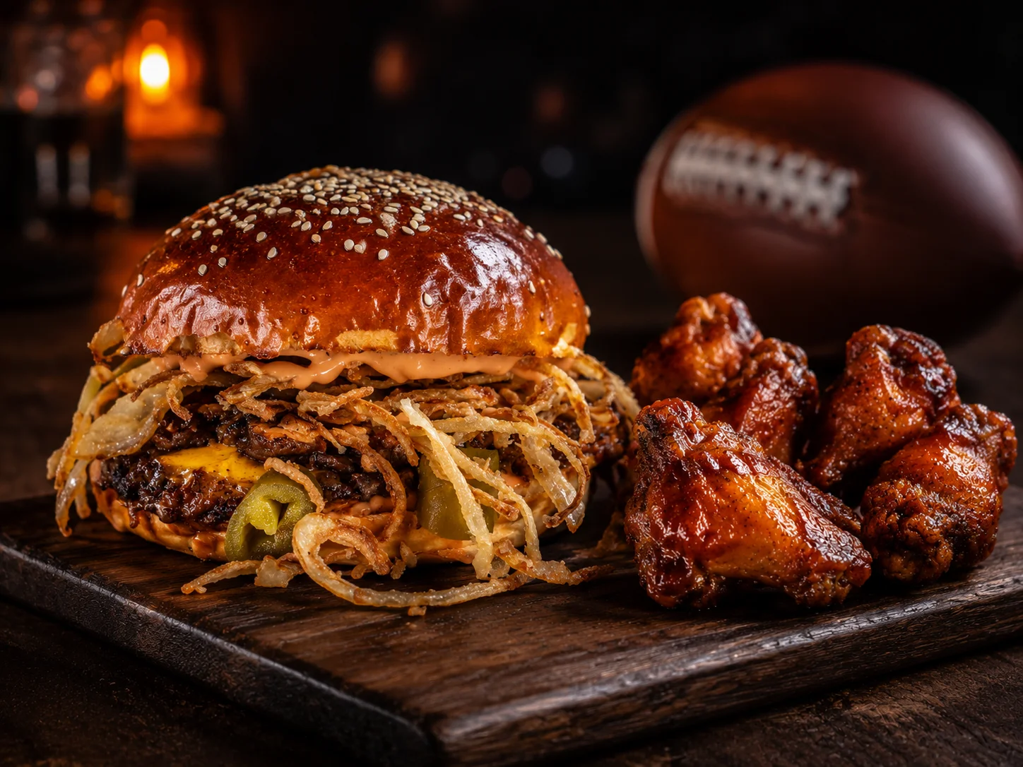 Smashburger und Wings mit Football im Hintergrund
