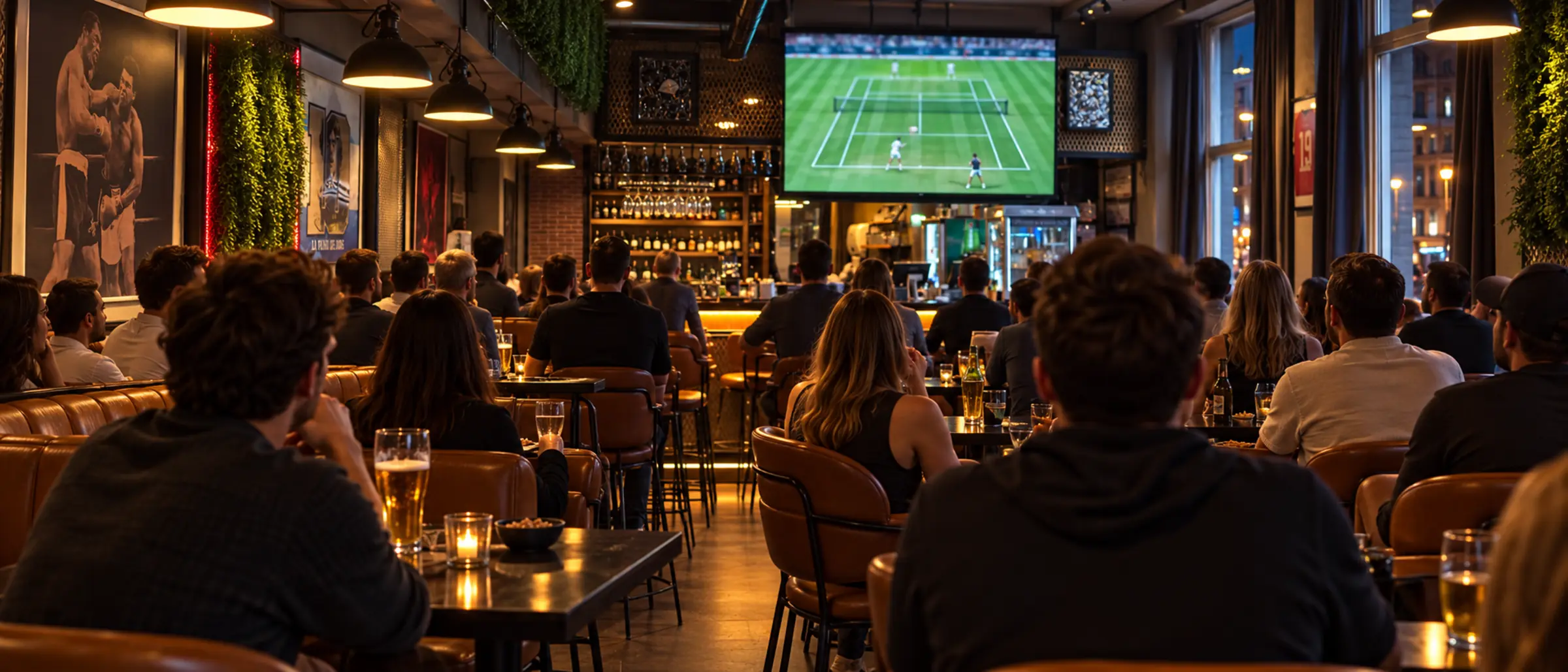 Packed sports bar during a tennis match &ndash; the match on the screen wall at Munchy