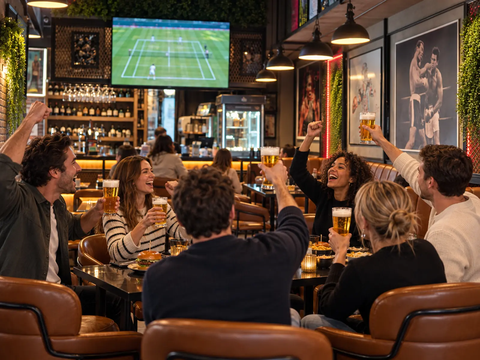 Guests cheering during a tennis match at Munchy sports bar