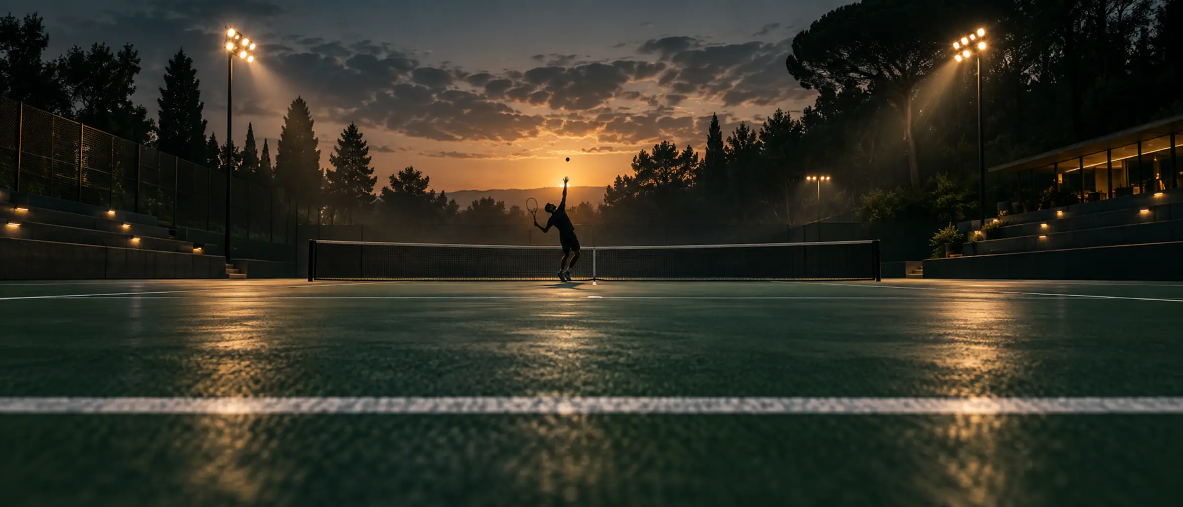 Tennis court at dusk with a serving silhouette under floodlights &ndash; watch tennis live at Munchy