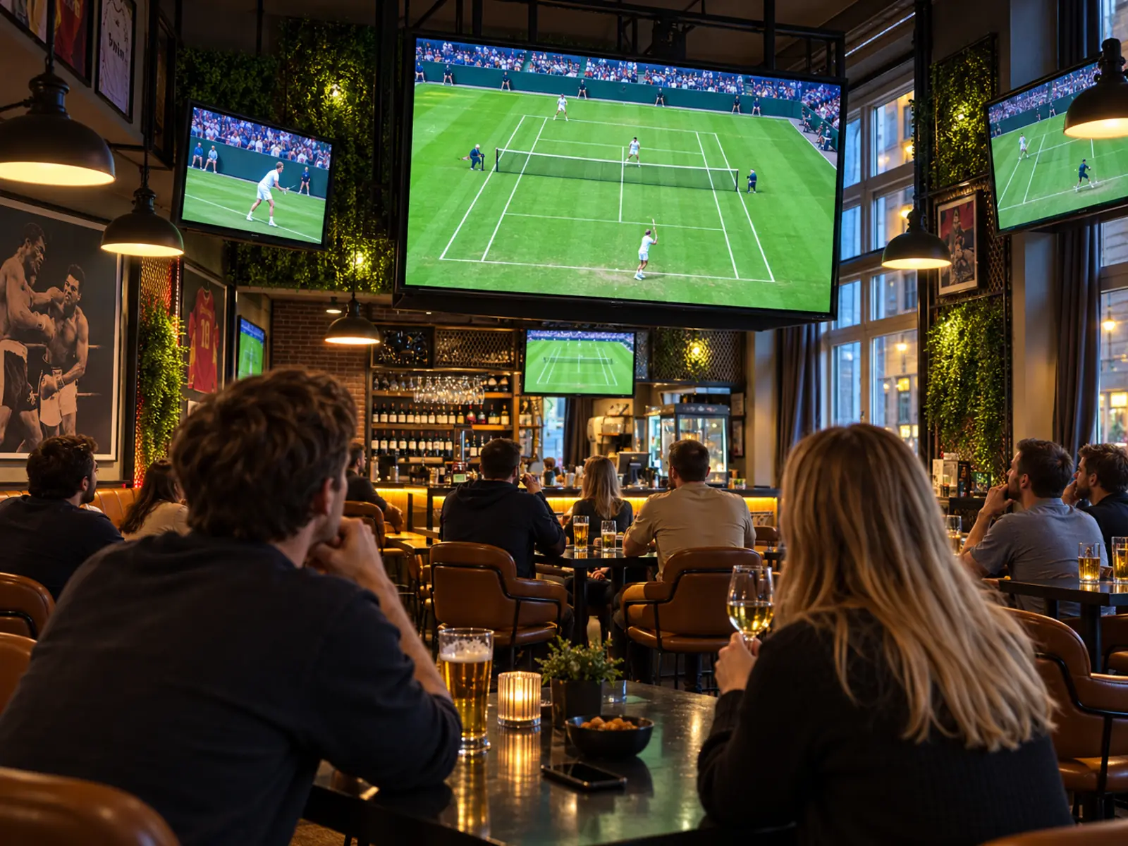 Screens throughout the bar showing a live tennis match
